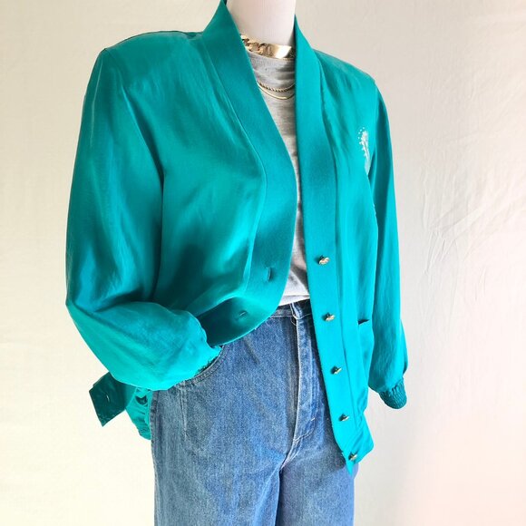 Vintage 80s Sail Away Royal Cruise Line Silk Blazer Turquoise Nautical Size S - Picture 4 of 11